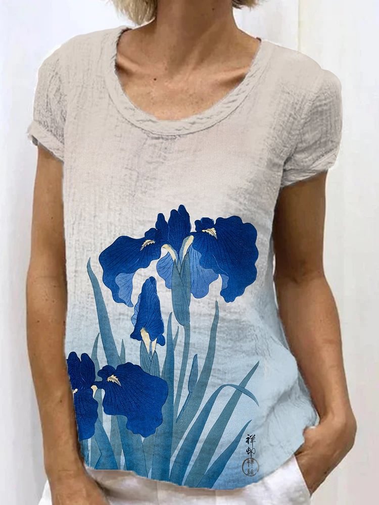 Comstylish Japanese Retro Orchid Art Painting Linen Casual T-Shirt