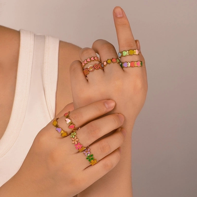 Retro IG Style Heart Shape Flower Titanium Steel Enamel Plating Stainless Steel Rings