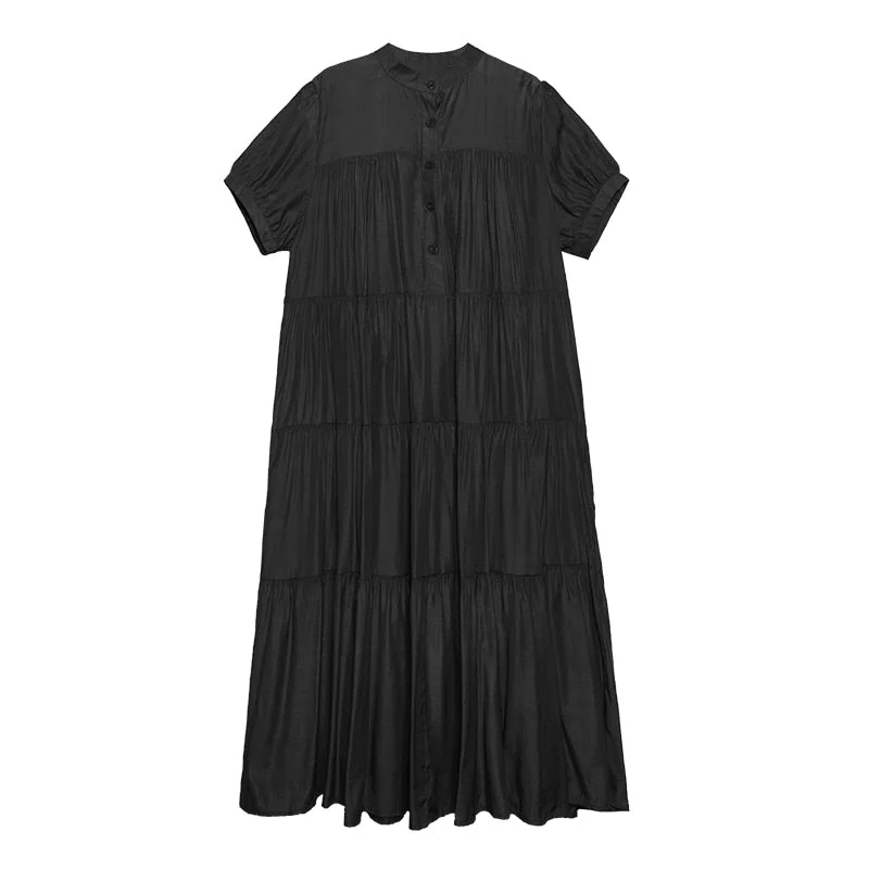 [EAM] Women Green Pleated Big Size Long Dress New Stand Collar Short Sleeve Loose Fit Fashion Tide Spring Summer 2021 1DD7047