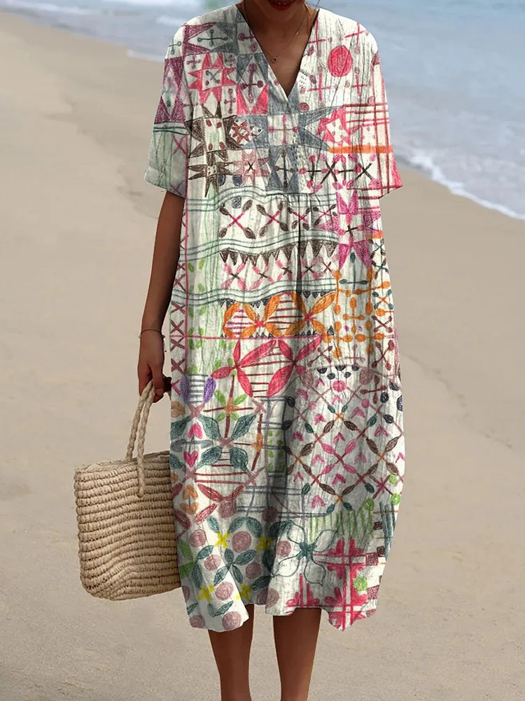 Women's Vintage Abstract Painting Art Print Flowy Dress