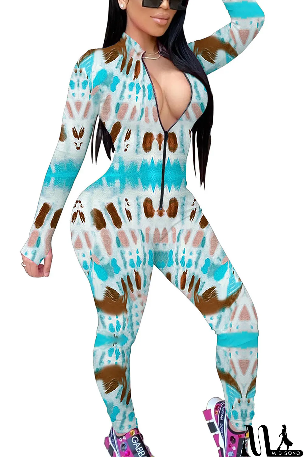 MidiSono - Red Fashion Print Split Joint O Neck Regular Jumpsuits