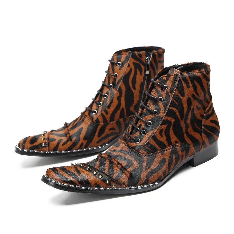 VCSHOES Botas Para Hombre Leopard Horse Hair Rivets Cowboy Casual Short Boots Large Size Men Night Club Party Ankle Boots