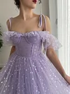 Lilac Lavender Purple Heart Print Tulle Prom Dress Sparkling Lovehearts Tea Length Ball Gown Thin Bow Ribbon Straps Off Shoulder Dresses