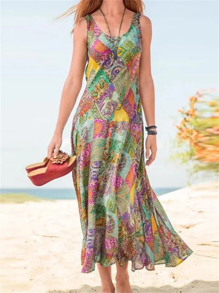 Women's Sleeveless U-neck Printed Long Dress Summer New Bohemian Vacation Beach A-line Dress Dress-Cosfine