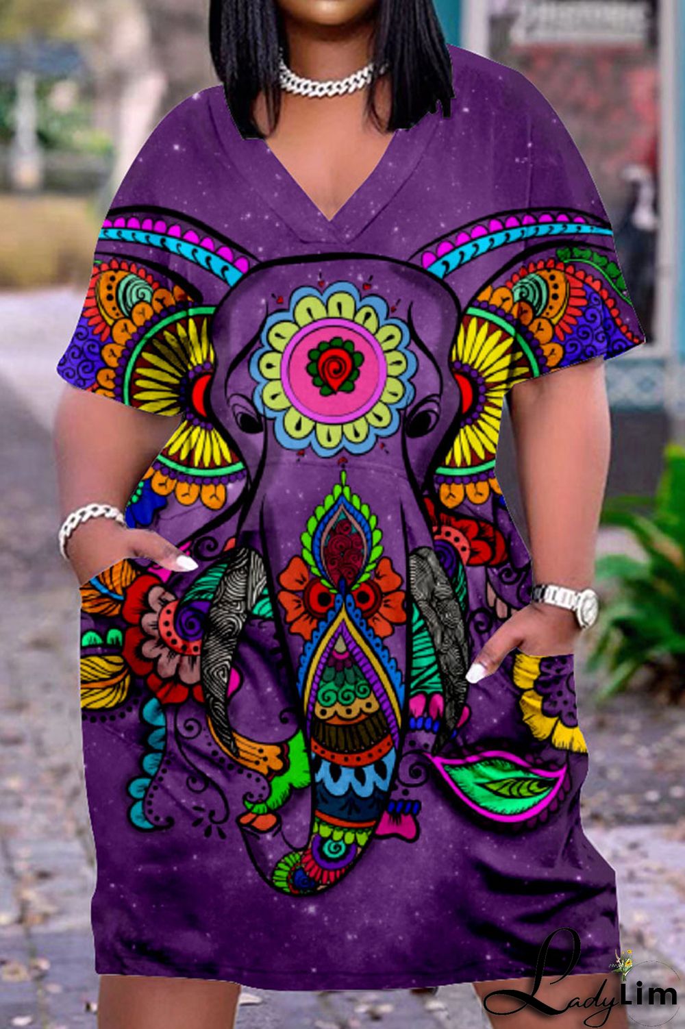 Colour Fashion Casual Print Basic V Neck Short Sleeve Dress