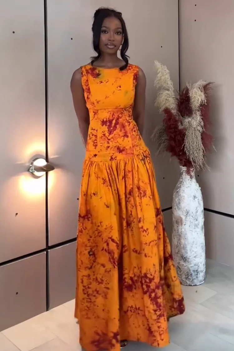 Dyeing Print Cinch Waist Backless Sleeveless Maxi Dresses-Orange