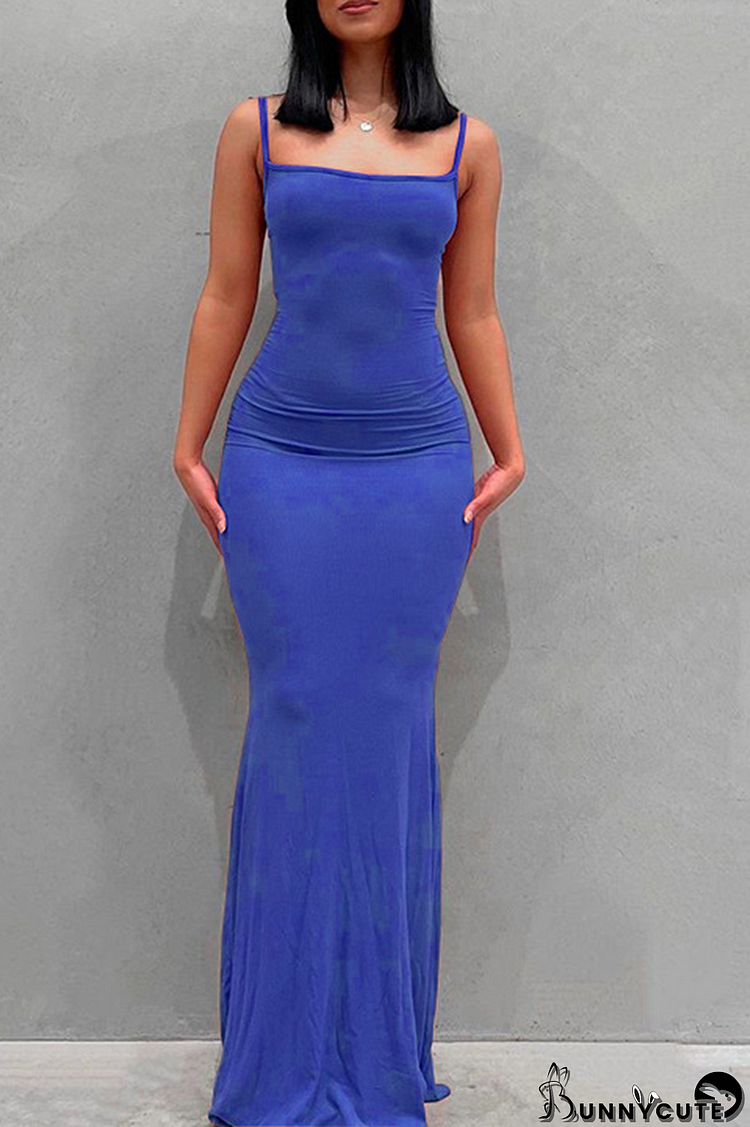 Deep Blue Sexy Solid Split Joint Spaghetti Strap Trumpet Mermaid Dresses