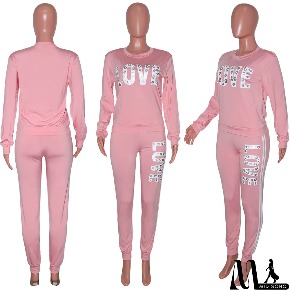 MidiSono - Plus Size Letter Print Long Sleeve 2 Piece Sets