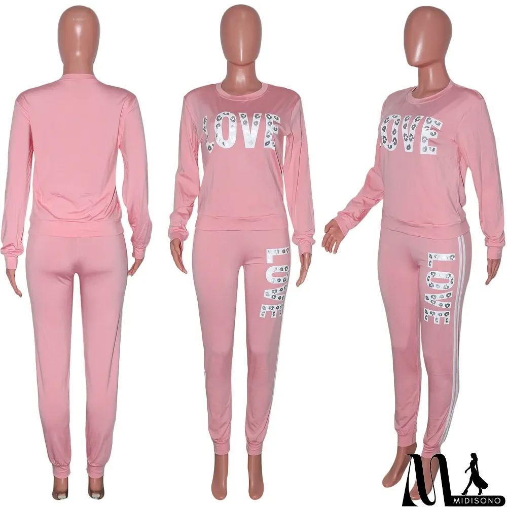 MidiSono - Plus Size Letter Print Long Sleeve 2 Piece Sets