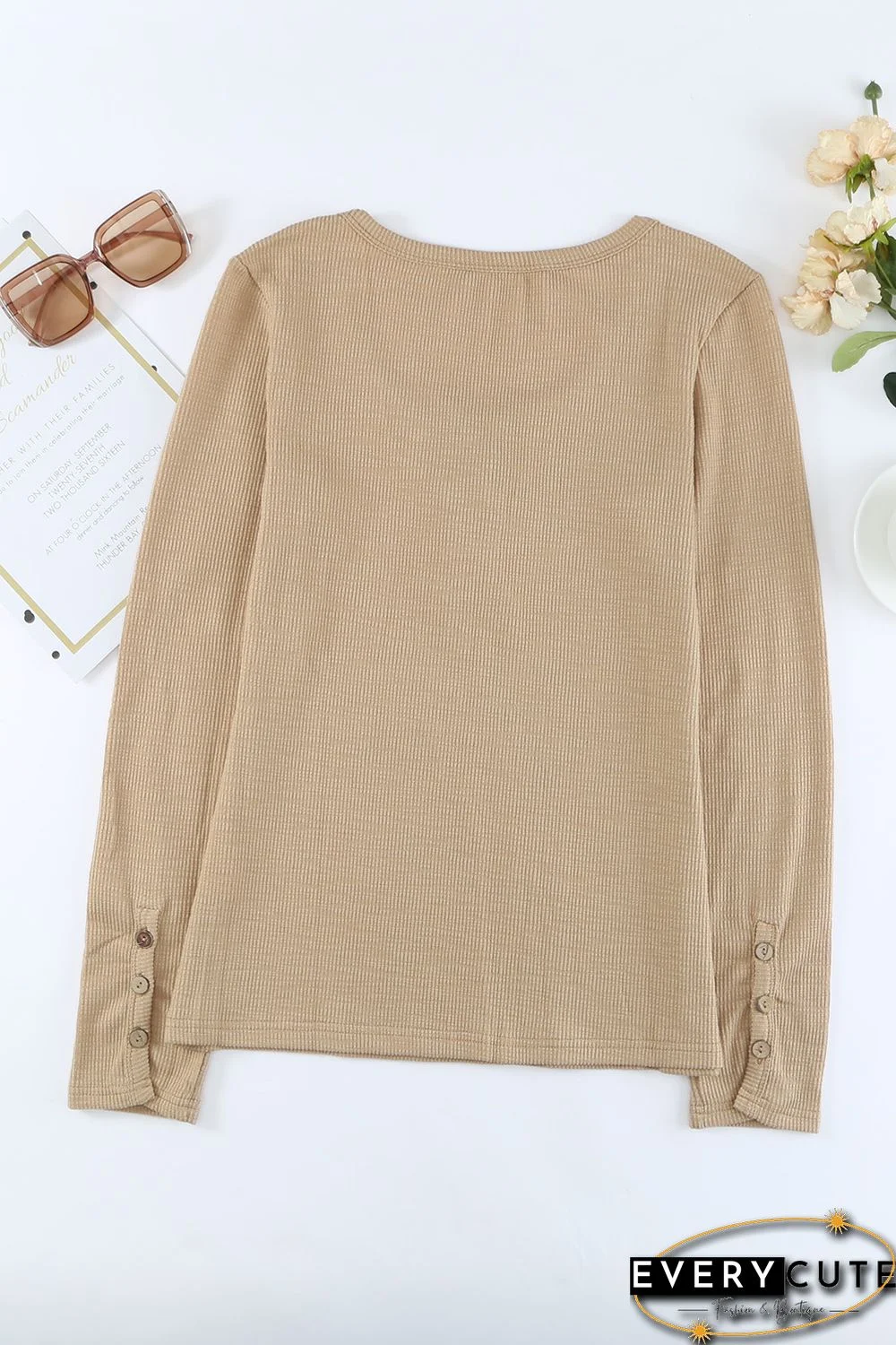 Khaki Crewneck Buttons Ribbed Knit Long Sleeve Top