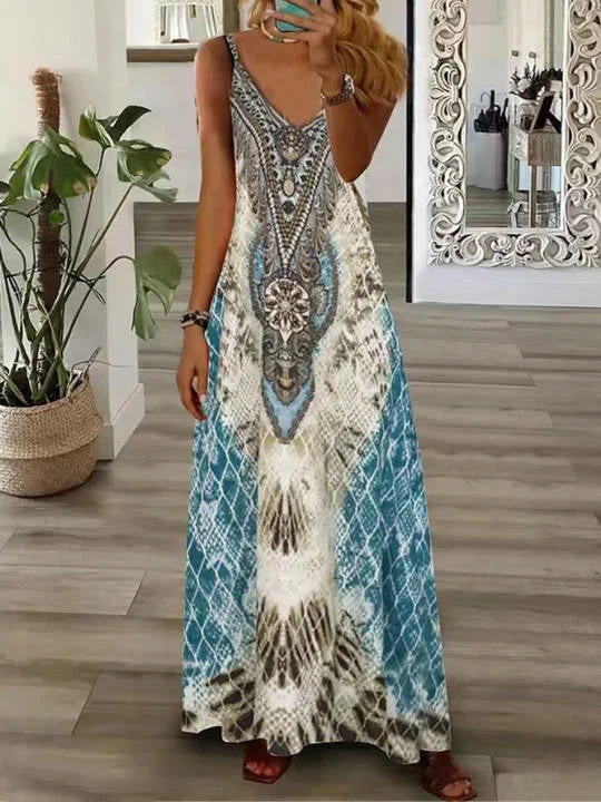 Women's Sleeveless V-neck Graphic Maxi Dress