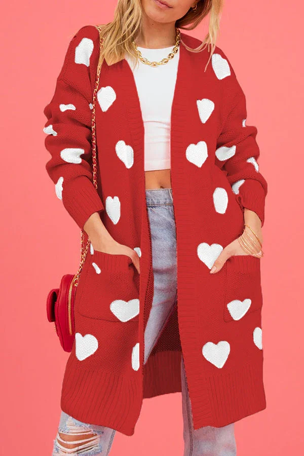 Valentine Heart Jacquard Knitted Pocket Long Sleeve Cardigan