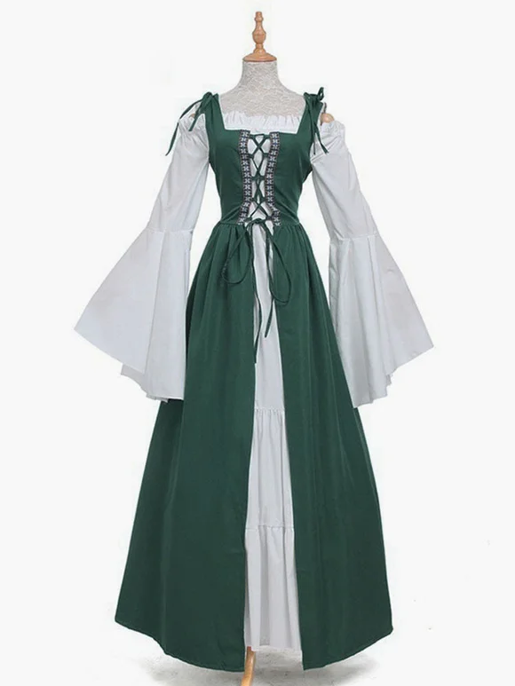 Medieval Vintage Regency Dress Lace Up Patchwork Long Sleeves  Carnival  Costume Novameme