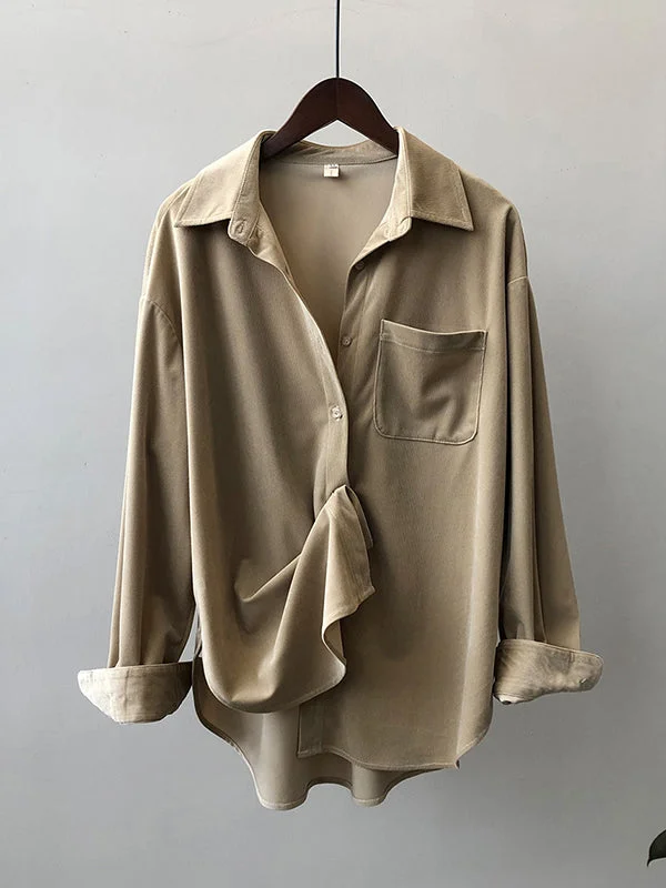 Casual Long Sleeves Loose Buttoned Solid Color Lapel Collar Blouses&Shirts Tops