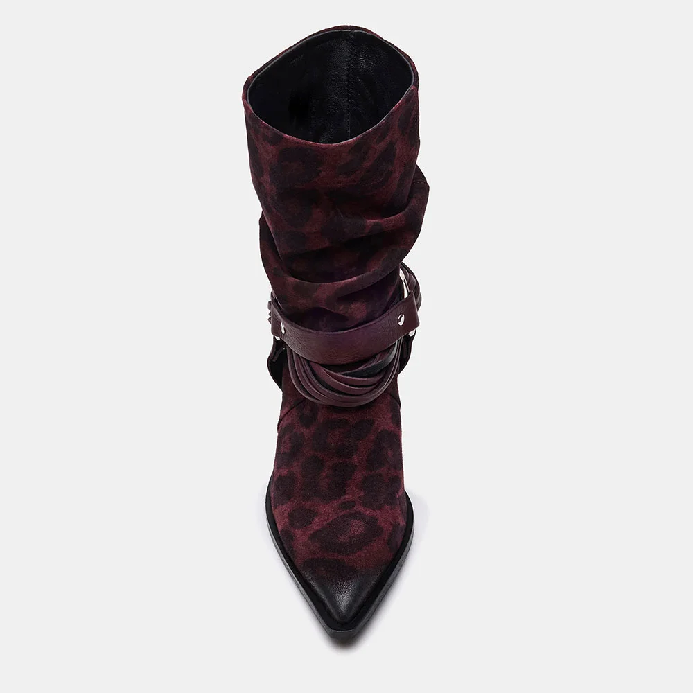 Maroon Vegan Suede Pointed Toe Buckle Leopard Print Heeled Booties