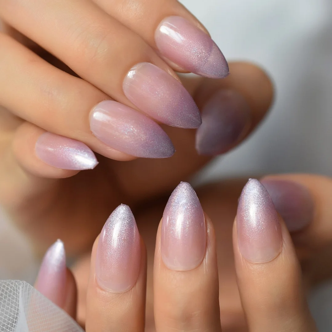 Light Pink Almond Press On Nails Stiletto Short Medium Galaxy Shine Full Cover Nude Fake False Nail Tips Artificial Nail Art