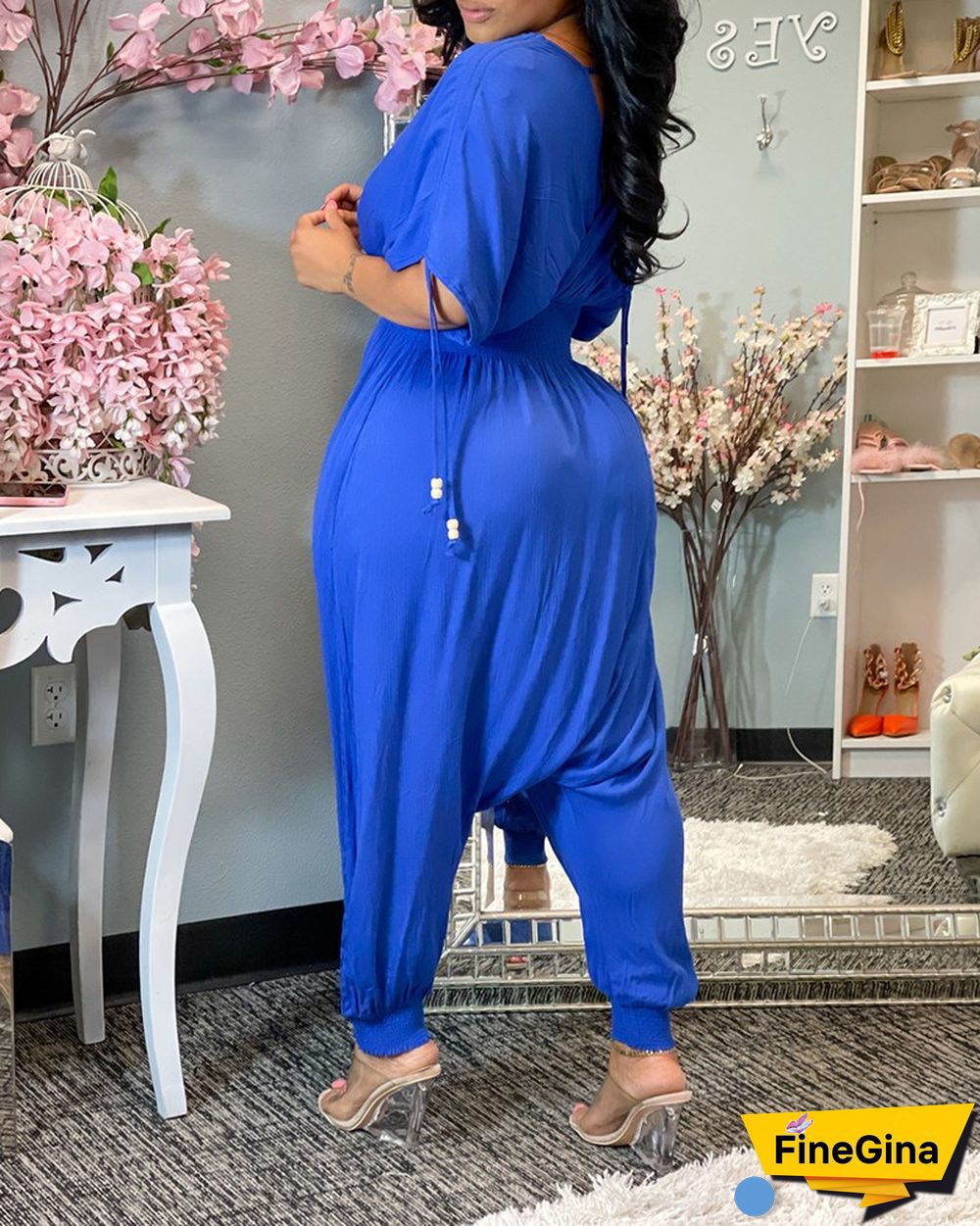 Shirred Short Sleeve Ruched Harem Jumpsuit