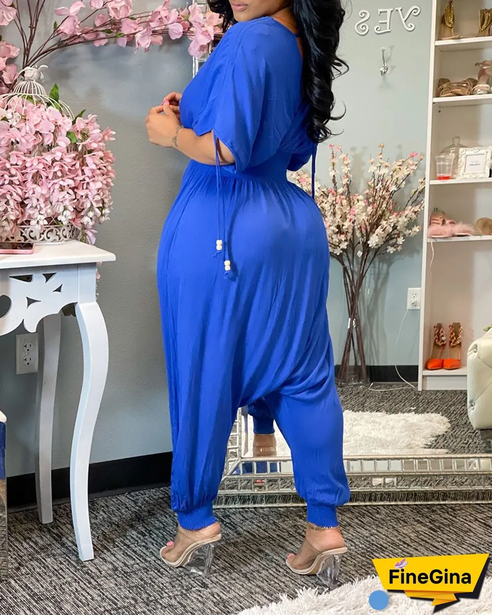 Shirred Short Sleeve Ruched Harem Jumpsuit