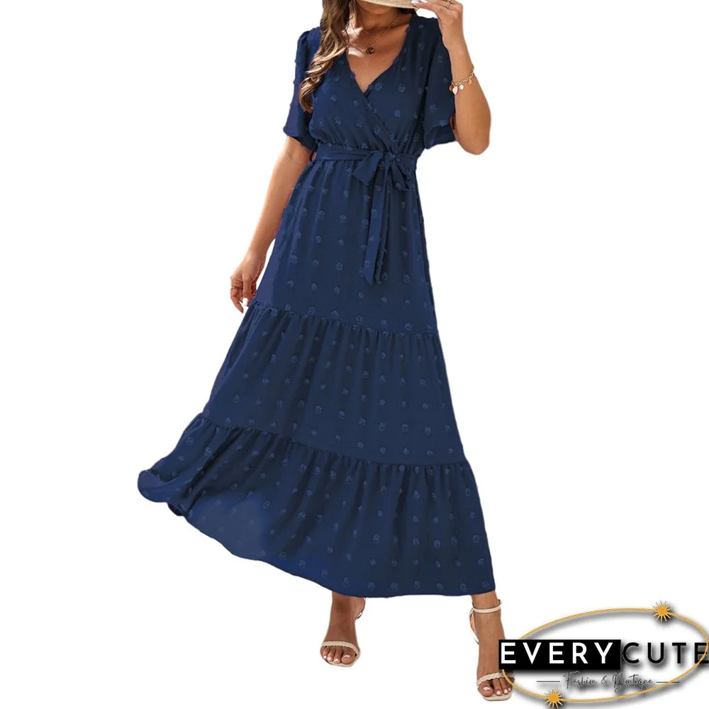 Blue Swiss Dot V Neck Tie Waist Maxi Dress