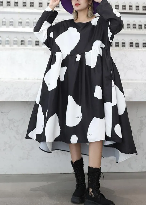 Chic low high design cotton high waist Tunics Sleeve black cotton robes Dresses