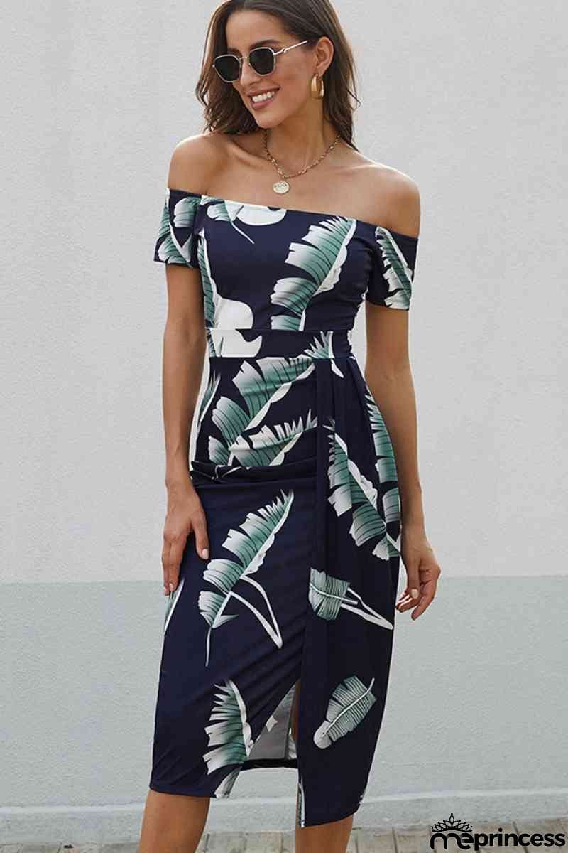 Dark Blue Floral Print Short Sleeve Off Shoulder Midi Dress