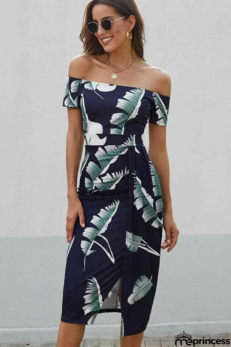 Dark Blue Floral Print Short Sleeve Off Shoulder Midi Dress