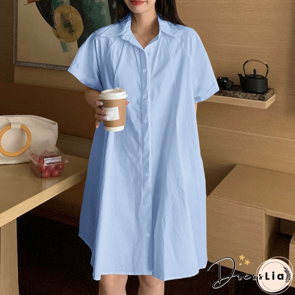 Women Loose Plain Holiday Cami Sundress Lapel Cotton Retro Party Mini Shirt Dress Plus