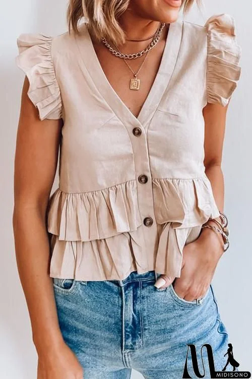 Button Ruffles V Neck Blouse