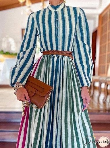Elegant Stand-up Collar Striped Long Dress for Women