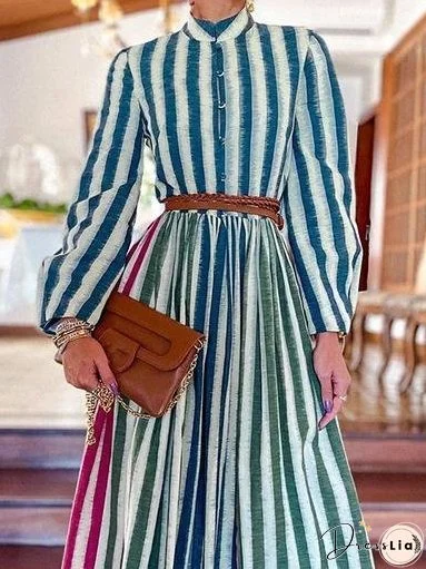 Elegant Stand-up Collar Striped Long Dress for Women
