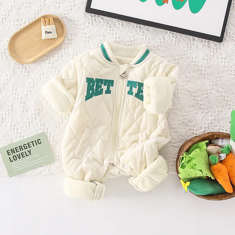 Baby Boy/Girl Letter Embroidery Long Sleeve Fluff Zipper Romper