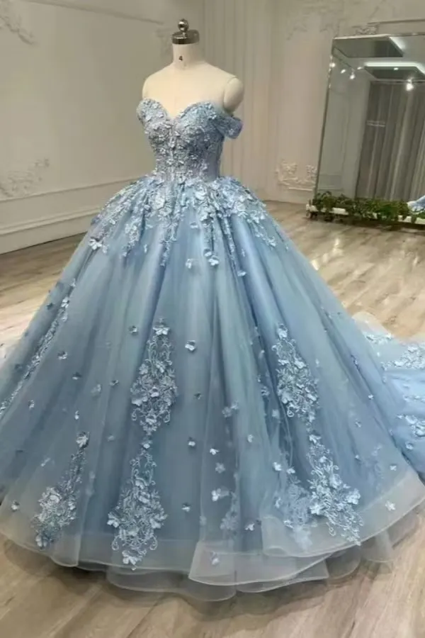Lussooy Off-the-shoulder Strapless Blue Evening Dress Applique Ball Gown