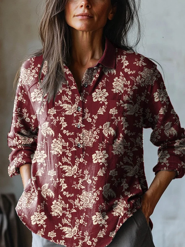 Women's Vintage Lovely Floral Art Print Casual Cotton And Linen Shirt
