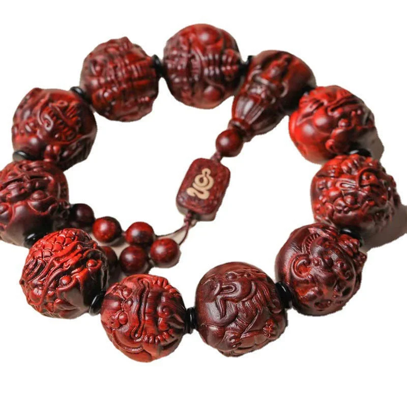 Tibetan Buddhist Red Sandalwood Carving Beads Bracelet 25mm