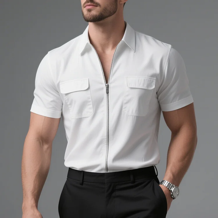 Okaywear Poplin Turndown Collar Short Sleeve Flap Pocket Zipper Shirt Okaywear