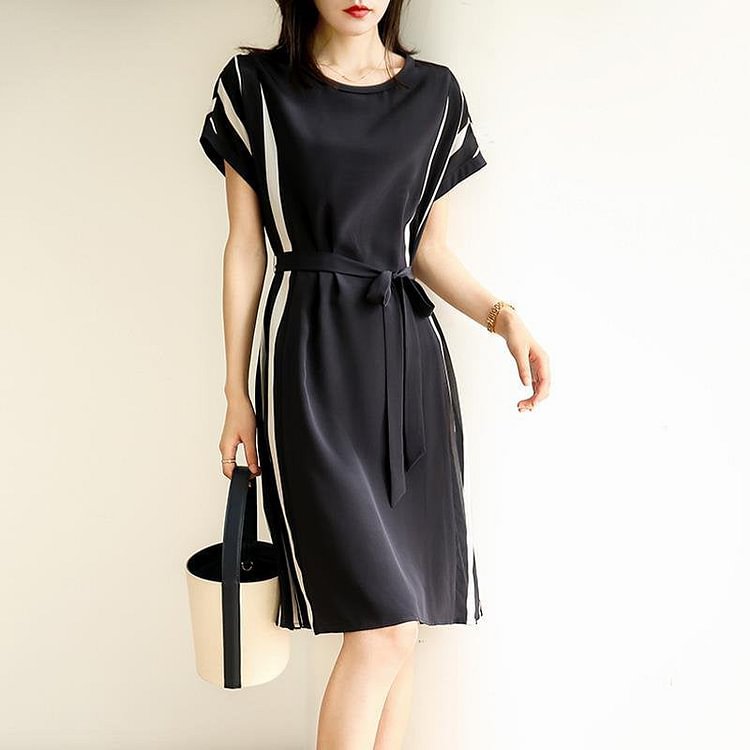 Striped Black Tied Waist Dress QueenFunky