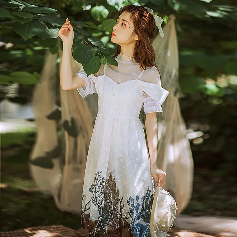 Cottagcore Cold Shoulder Chiffon A-Line Dress YP2429