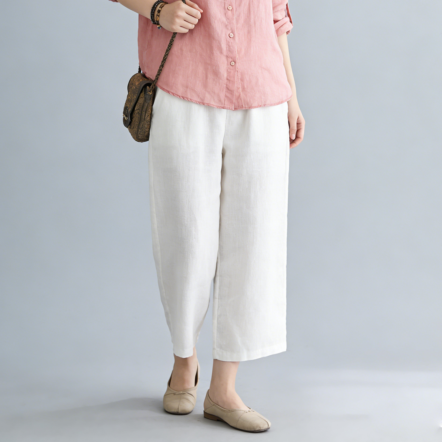 Linen Pants Women 100% Linen Elastic Waist Cropped Trousers Lightweight Breathable REAL SILK LIFE