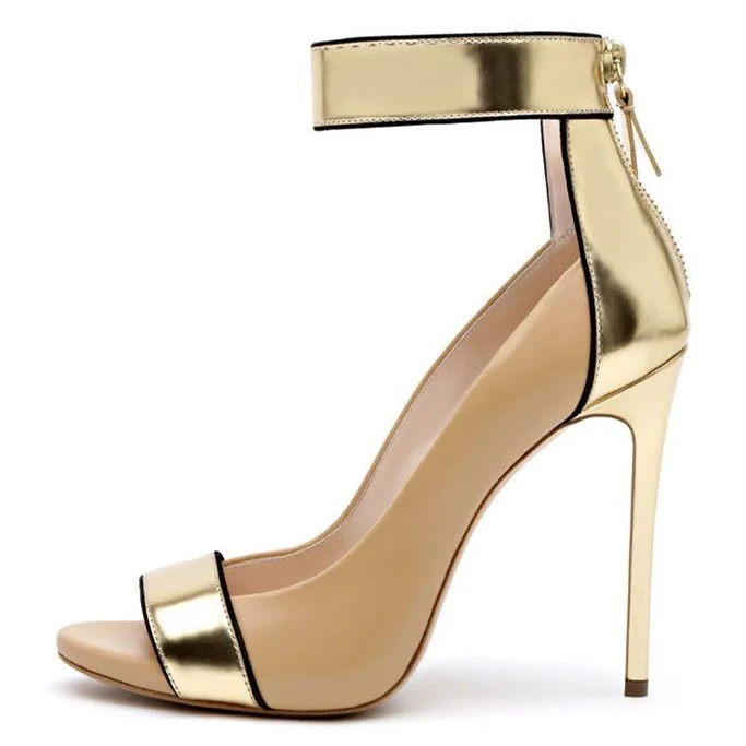 Gold and Nude Peep Toe Heels Ankle Strap Pumps |FSJ Shoes