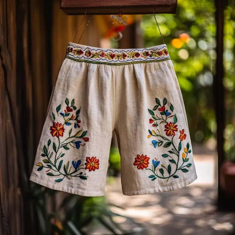 Vintage Floral Embroidered Casual Linen Shorts
