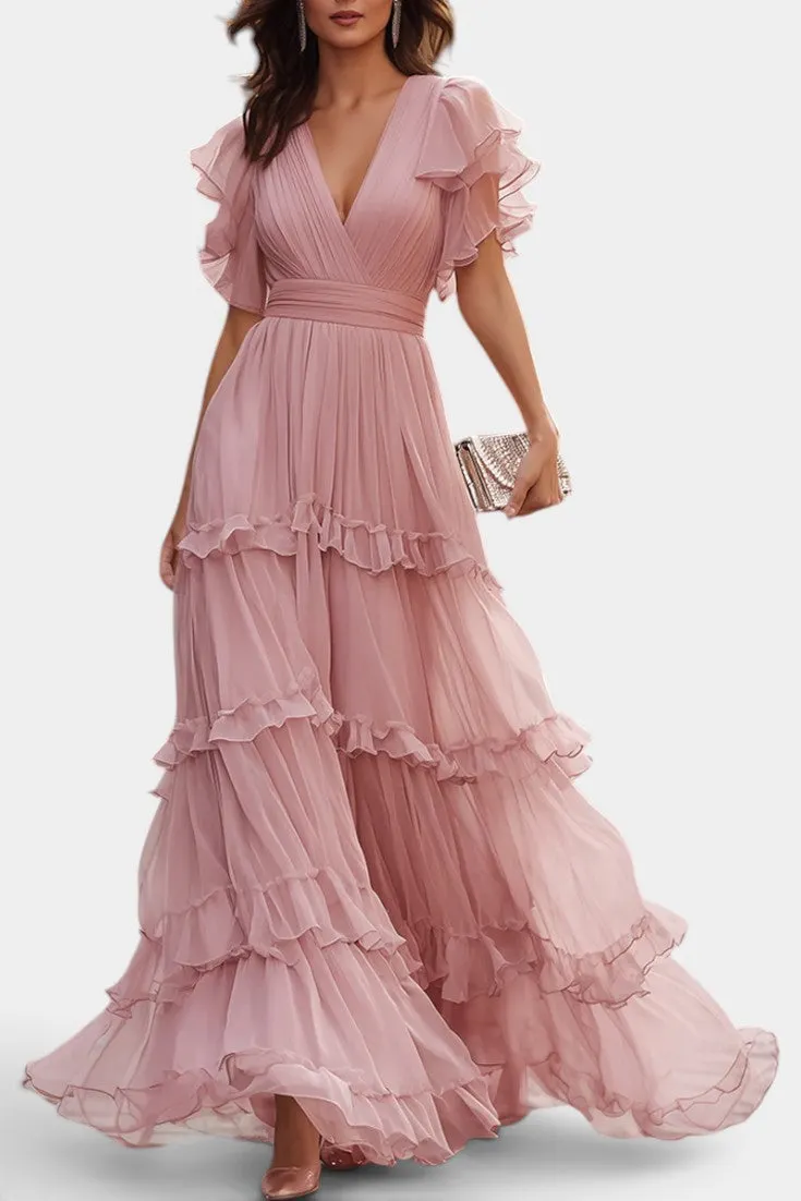 V-Neck Tiered Ruffle Maxi Dress with Flutter Sleeves