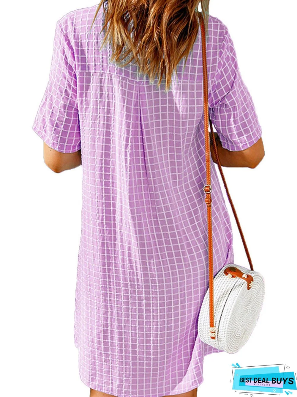 Women's Casual Shirt Short Skirt Lapel Plaid Loose Short Sleeve Dress White Dress