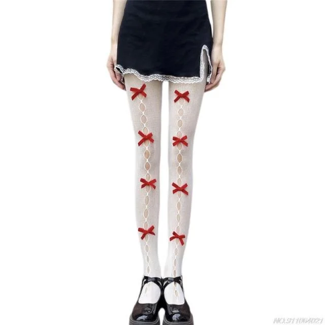 Kawaii Hollow Out Bowknot Black/White Lace Fishnet Tights BE480