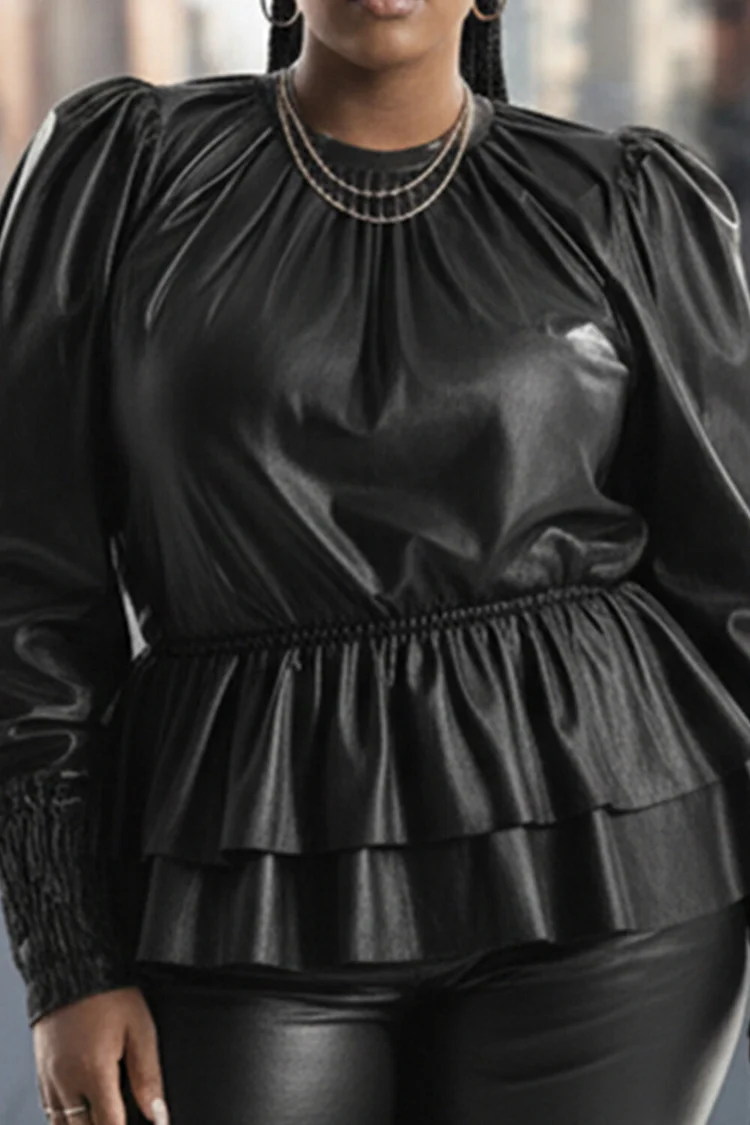 Xpluswear Design Plus Size Business Casual Black Round Neck Long Sleeve Ruffle Elegant Ruffled PU Leather Blouses [Pre-Order]