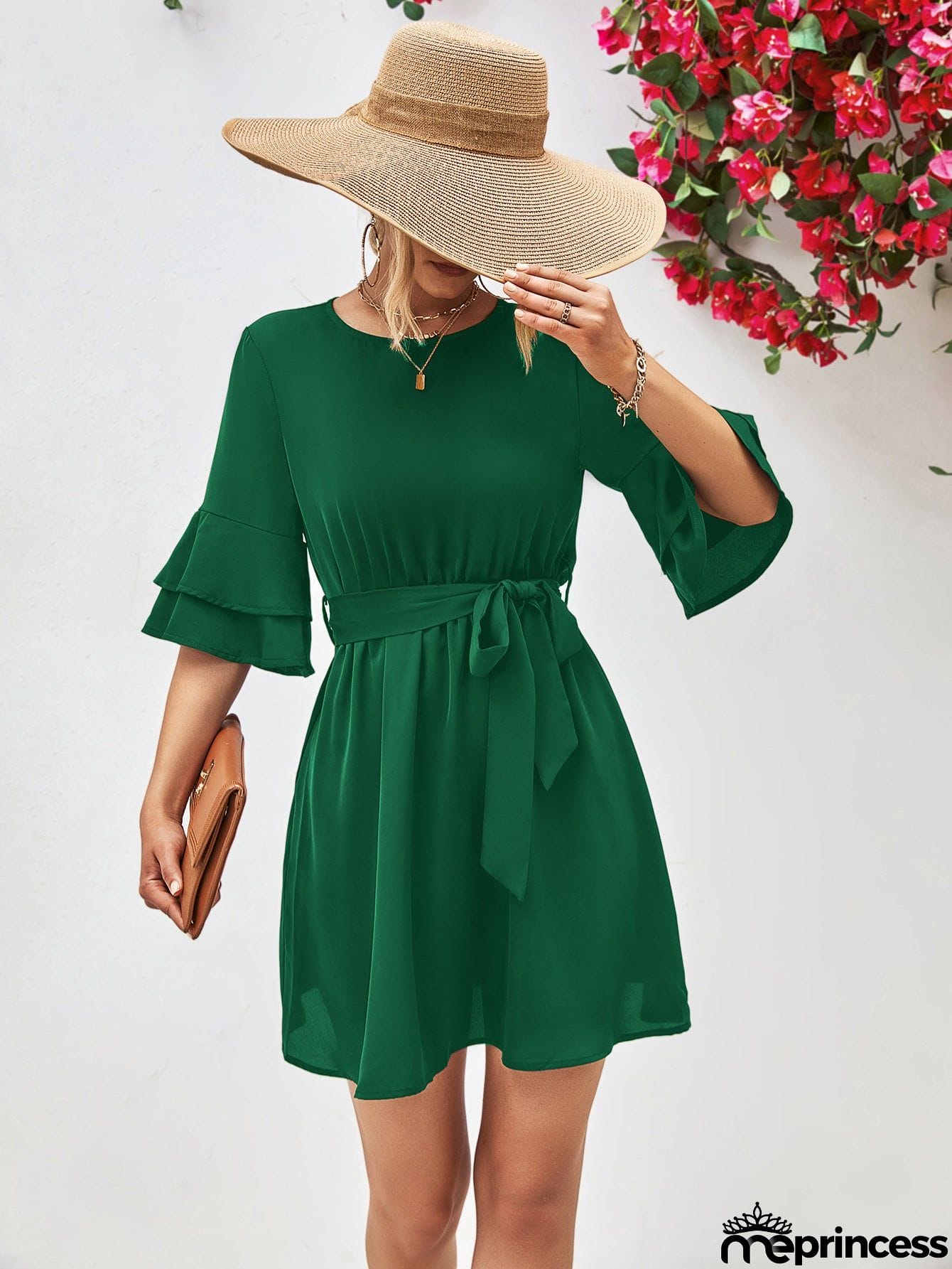 Round Neck Tie Belt Flounce Sleeve Dress
