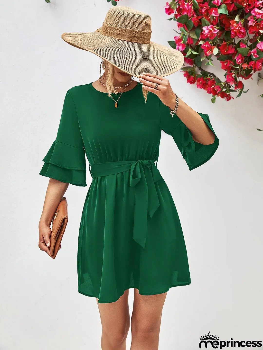 Round Neck Tie Belt Flounce Sleeve Dress
