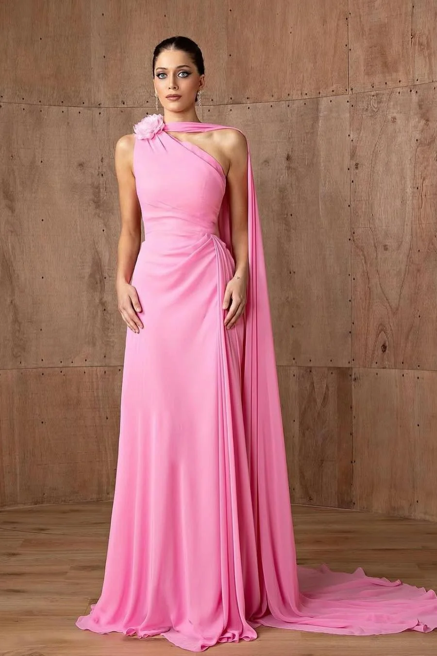 Miabel Beautiful Pink Chiffon One Shoulder Sleeveless Slim Prom Dress with Flower 