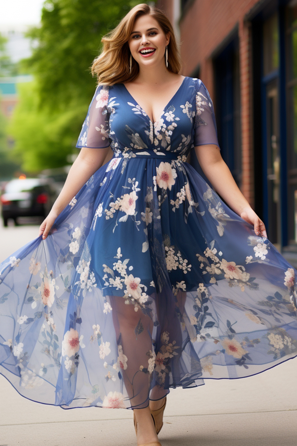Flycurvy Plus Size Wedding Guest Blue Mesh Floral Print Overlay Maxi Dress 2024 - Flycurvy 