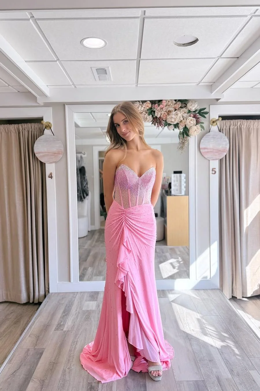 Miabel Elegant Deep Pink Chiffon V Neck Sleeveless Strapless Long Beaded Prom Dress with Split 