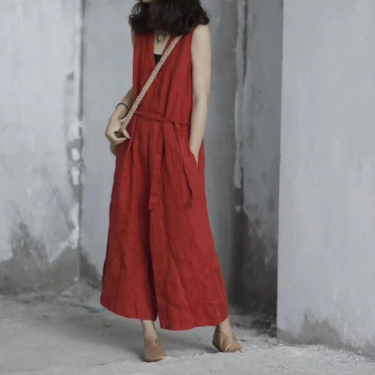 Casual Literary Solid Color Linen Jumpsuit